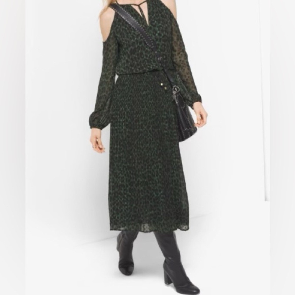 MICHAEL Michael Kors Peekaboo Cheetah Print Georgette Tie-Neck Dress medium NWT